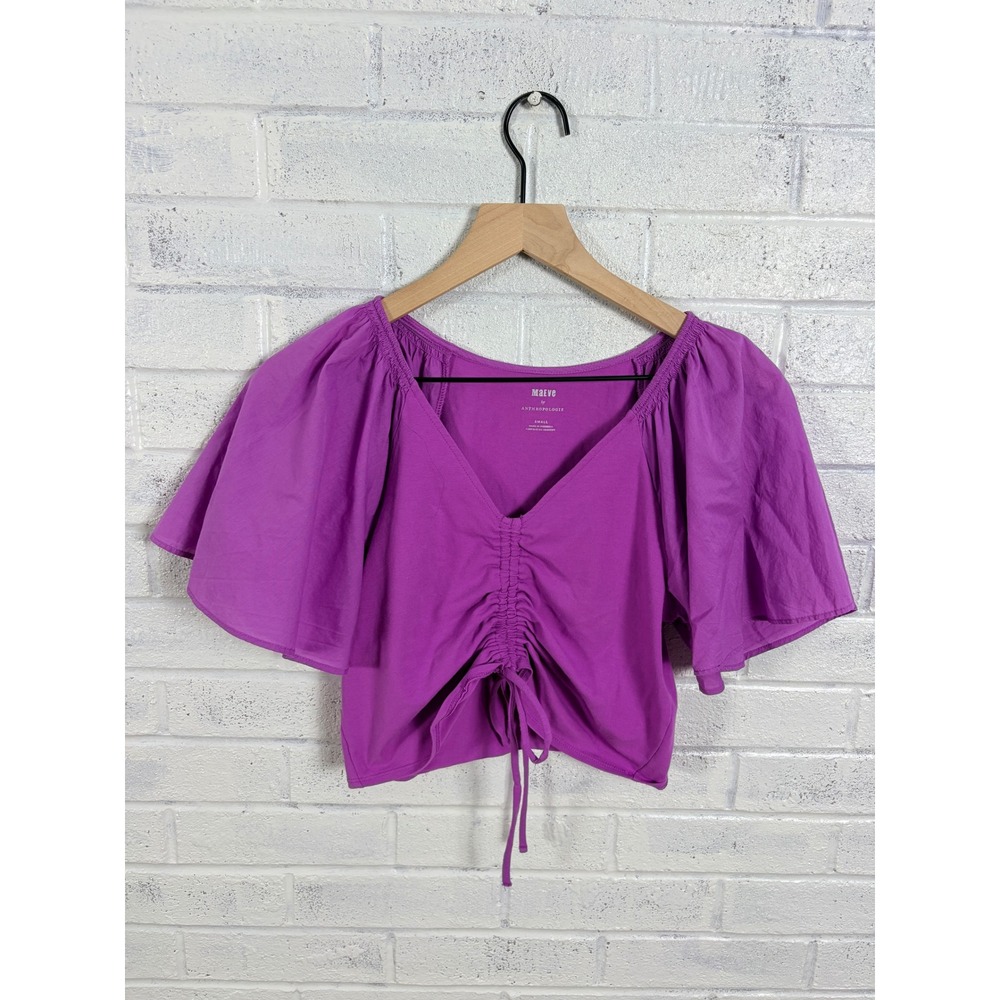 Maeve Anthropologie Cinched Flutter Sleeve Top Womens S Purple Ruched Crop